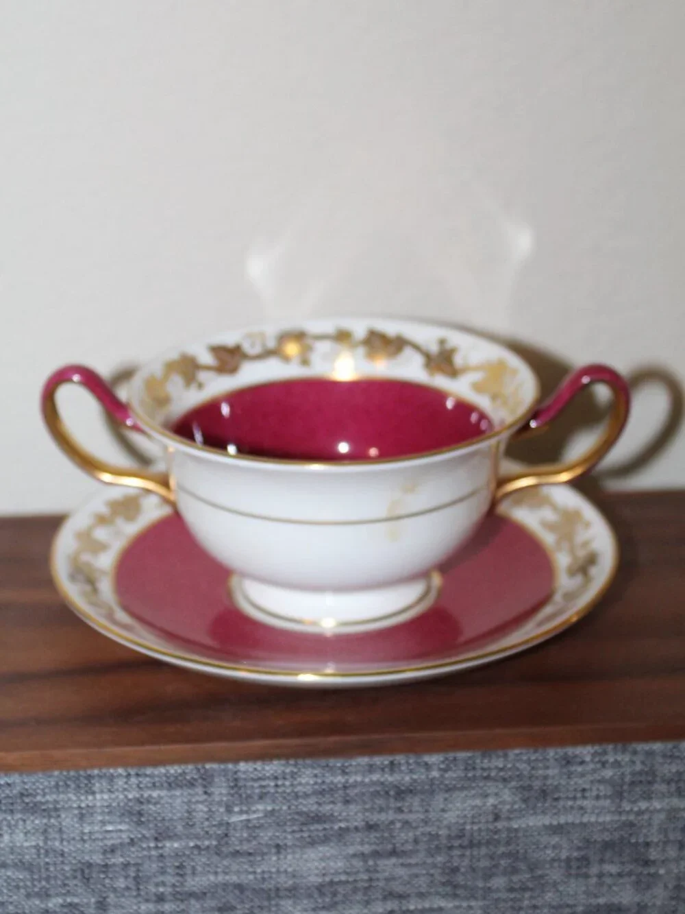 Two Handled Soup Cup & Saucer Wedgwood Whitehall W3994 Powder Ruby Bone China